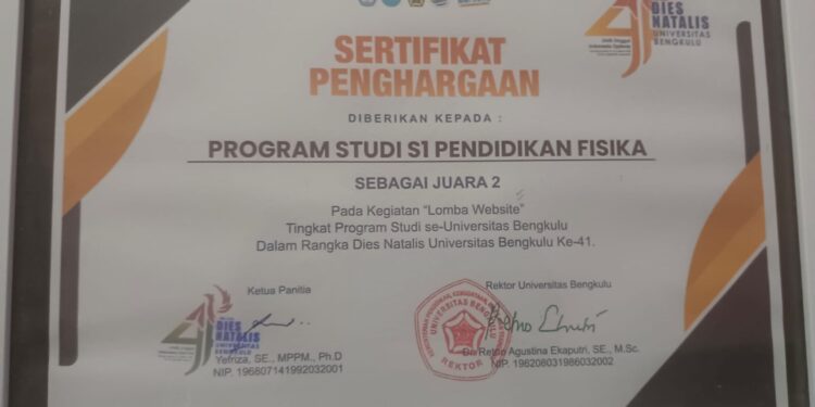 WEBSITE PRODI PENDIDIKAN FISIKA MERAIH JUARA 2 DALAM RANGKA DIES NATALIS UNIB KE-41 TAHUN 2023.