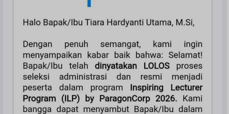 SELAMAT DAN SUKSES ATAS LOLOSNYA TIARA HARDYANTI UTAMA, M.Si DALAM INSPIRING LECTURER PROGRAM 2026
